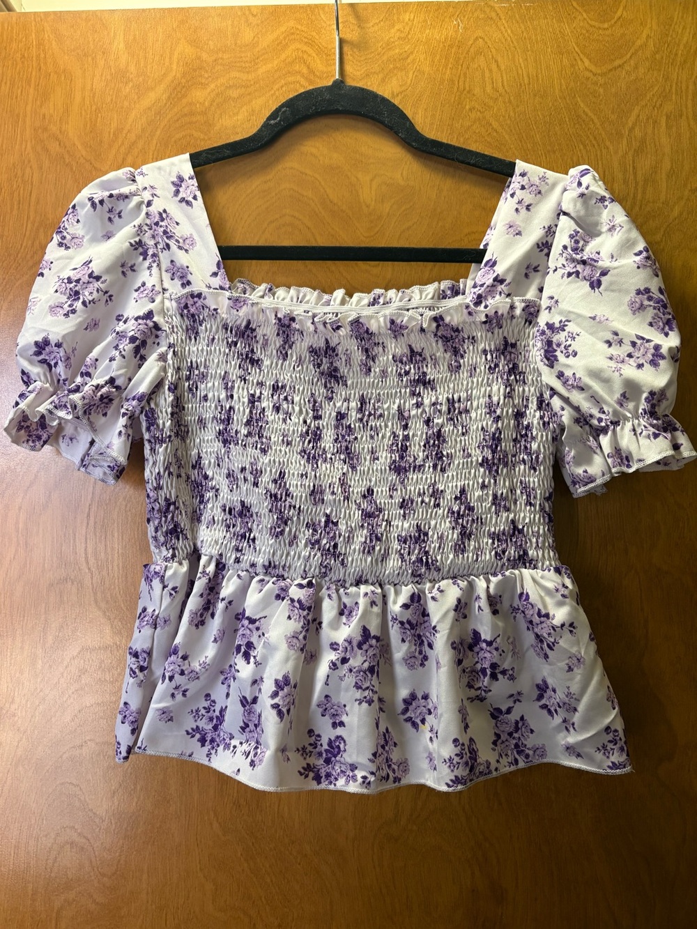 SHEIN Lavender Floral Smocked Peplum Puff Sleeve Top